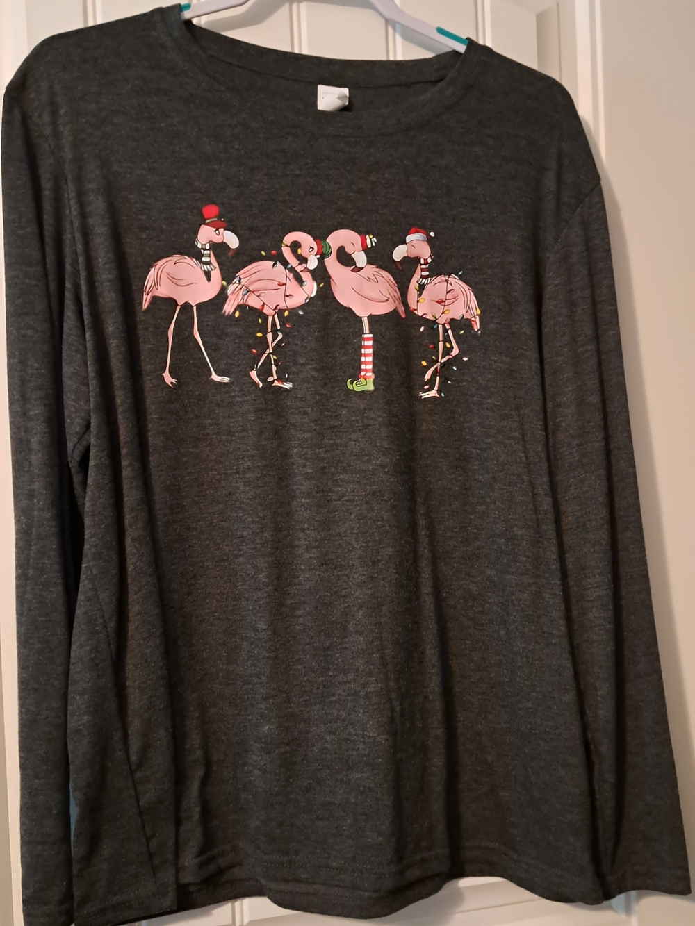 Amazon Dark Gray Long-Sleeve Tee with Pink Flamingo Row Graphic